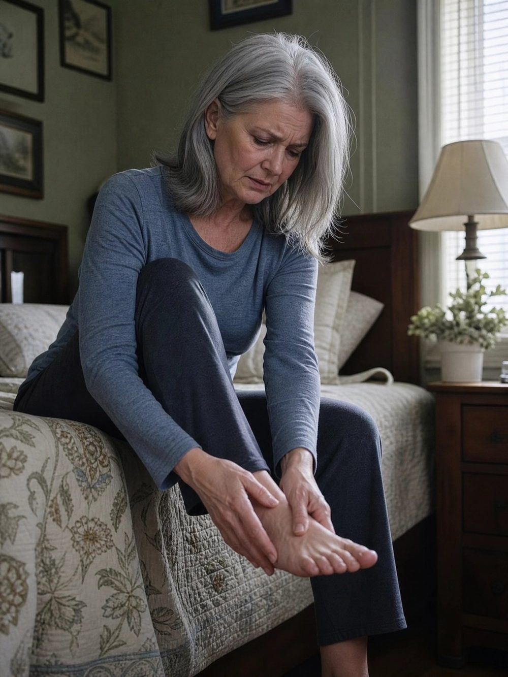 Margaret sitting on the edge of her bed at night, holding her foot